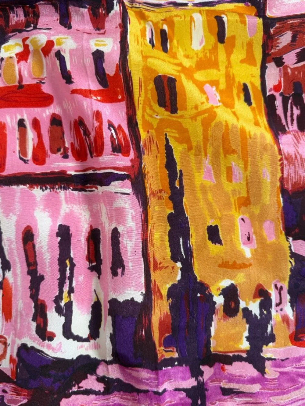 100% Silk Scarf Watercolor Cityscape Print Pink Purple Artsy 62x16 Lightweight